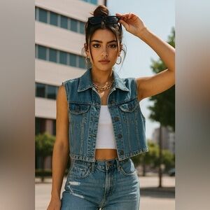 Vintage StudioWear Blue Denim Button Front Vest Cropped EUC L #1284